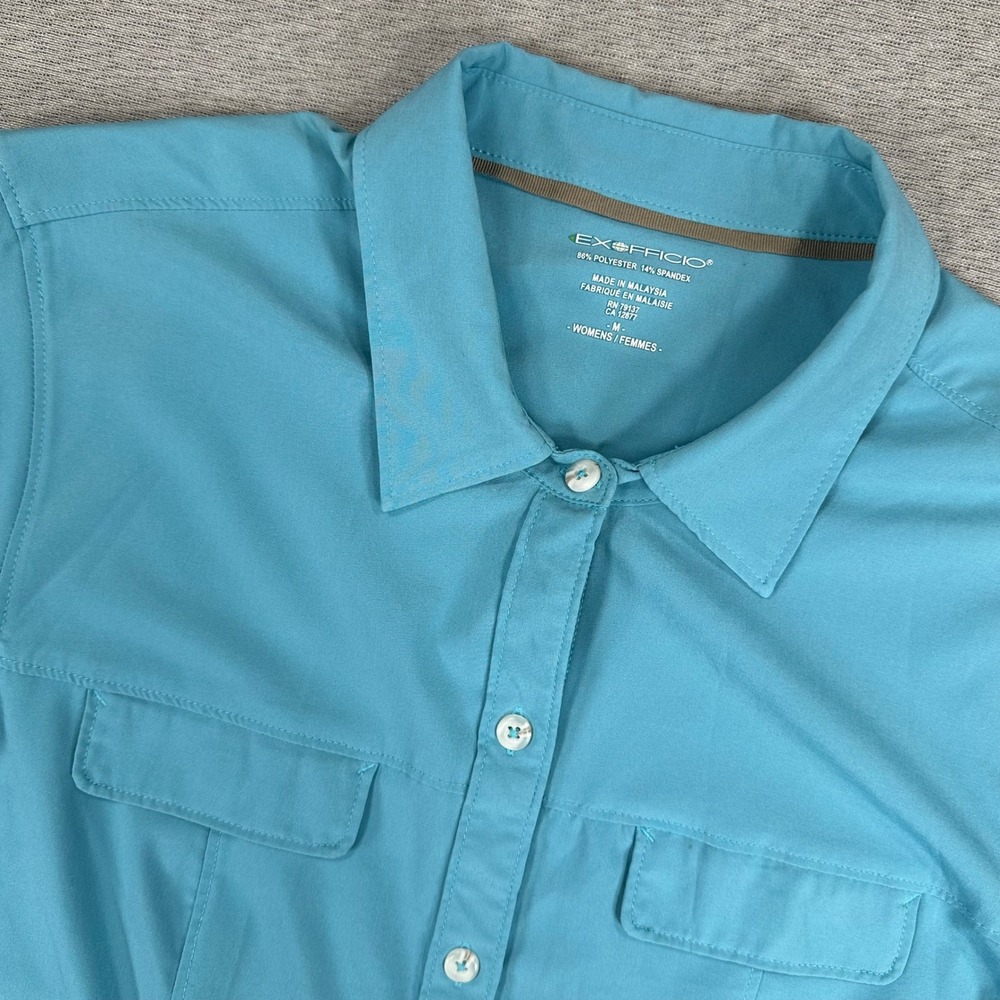 ExOfficio Shirt Womens Medium Turquoise Blue Short Sleeve Hiking‎ Travel Button